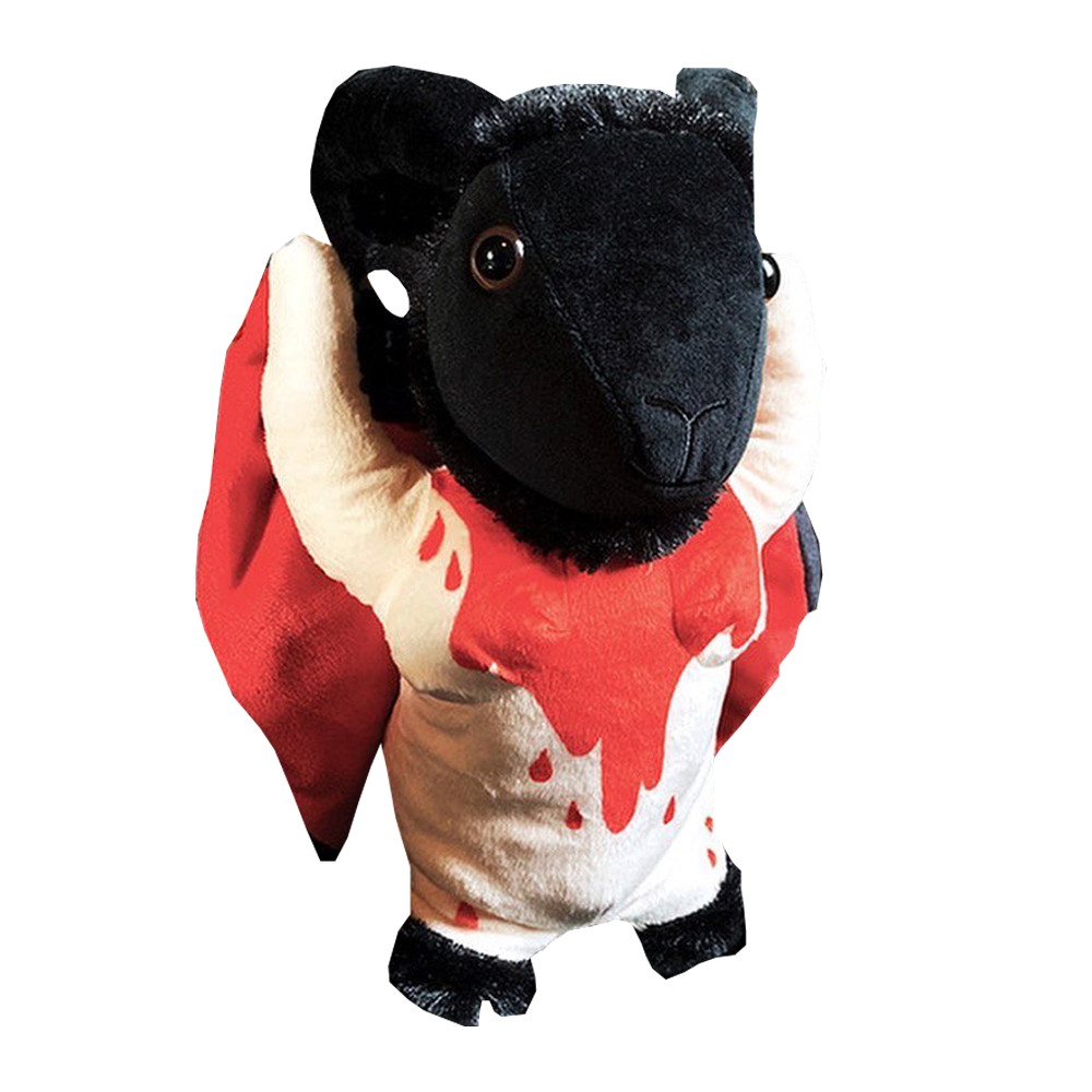 A plush hand puppet with a design resembling the figure of Baphomet, with a black head, red shirt, and white body.