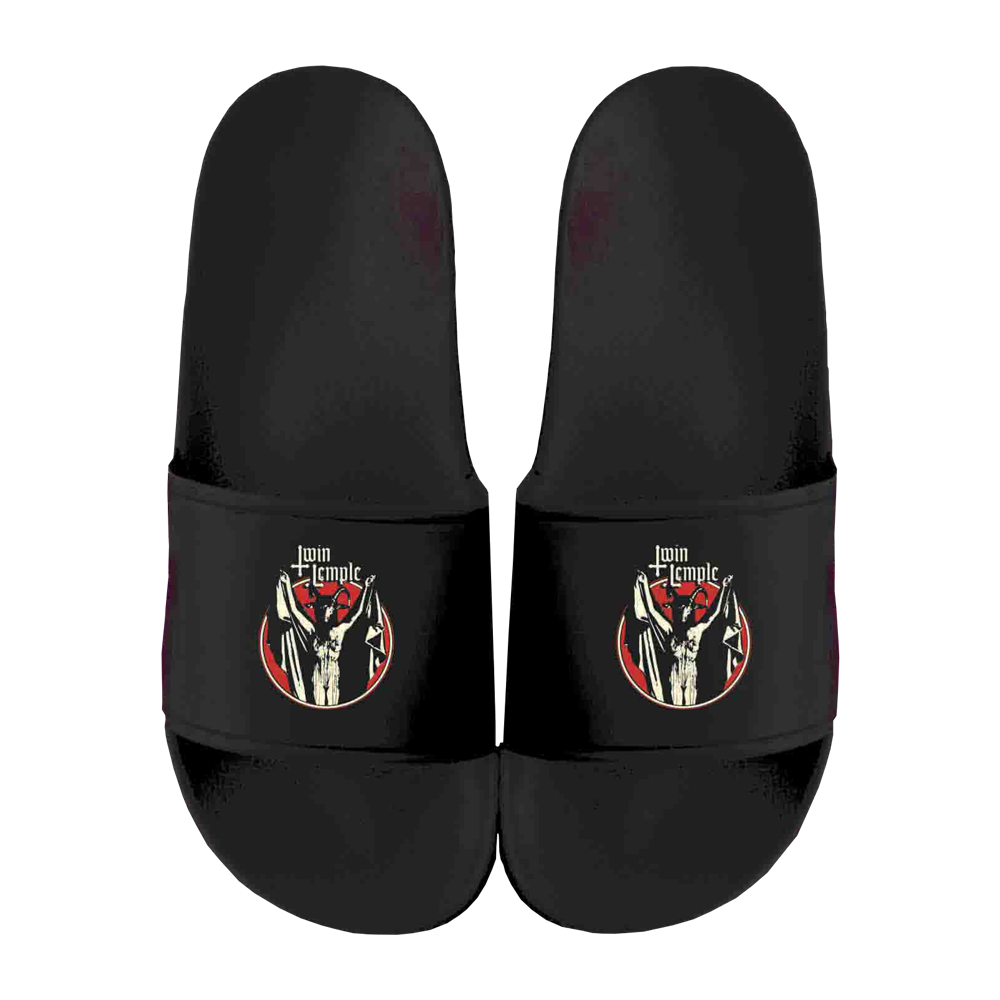 Black Twin Temple slides featuring a red and bone Baphomette graphic on each strap, with satanic iconography and gothic logo.