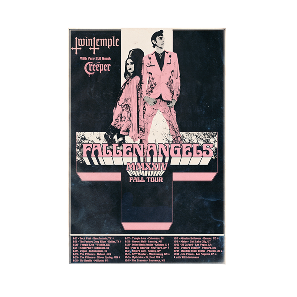Bring home a piece of the Fallen Angels MMXXIV Fall Tour with this striking Twin Temple Tour Poster! Featuring the band in their signature devilishly chic style and bold pink-and-black artwork, this poster perfectly captures the spirit of the tour. Complete with tour dates and special guest Creeper, it’s a must-have keepsake for fans who want to commemorate the unholy nights of the 2024 tour. Perfect for framing or displaying as the ultimate tribute to Twin Temple's live magic