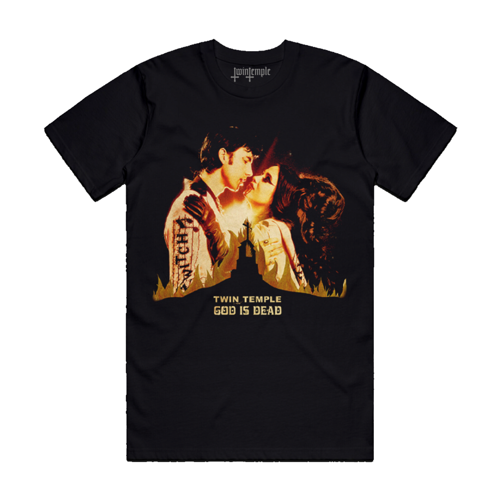 Black t-shirt featuring the "God is Dead" album cover art, showing a couple embracing passionately surrounded by flames. The Twin Temple logo is at the top, and "GOD IS DEAD" is printed below the image.