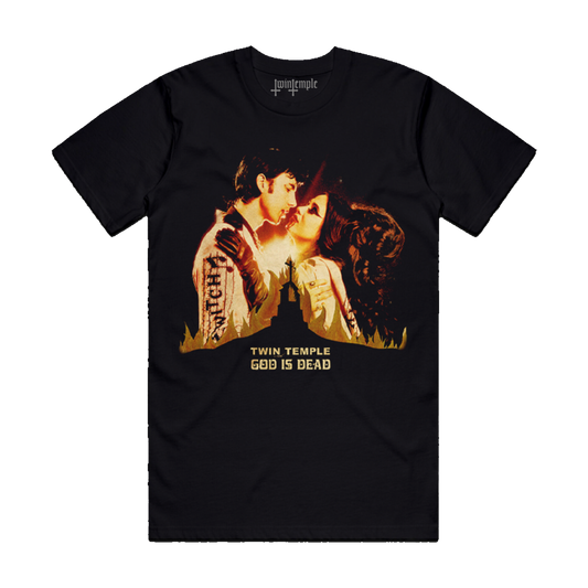 Black t-shirt featuring the "God is Dead" album cover art, showing a couple embracing passionately surrounded by flames. The Twin Temple logo is at the top, and "GOD IS DEAD" is printed below the image.
