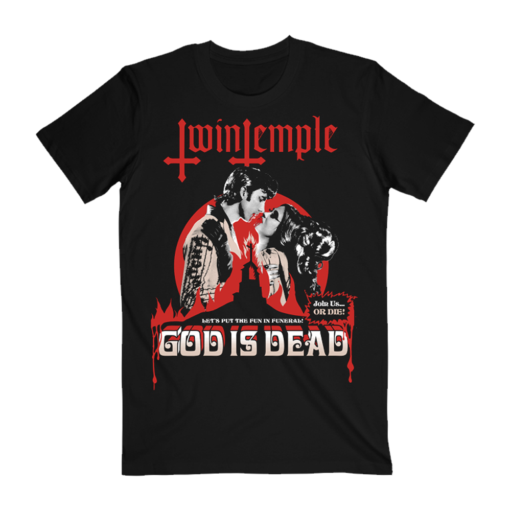 Twin Temple "God Is Dead 2024" black tee with vintage horror couple artwork on.