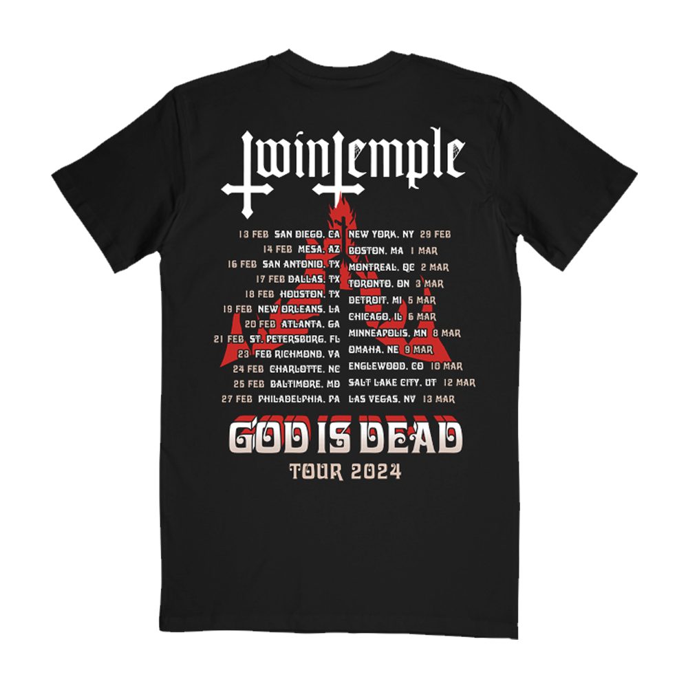 Twin Temple "God Is Dead 2024" black tee with tour dates on back.