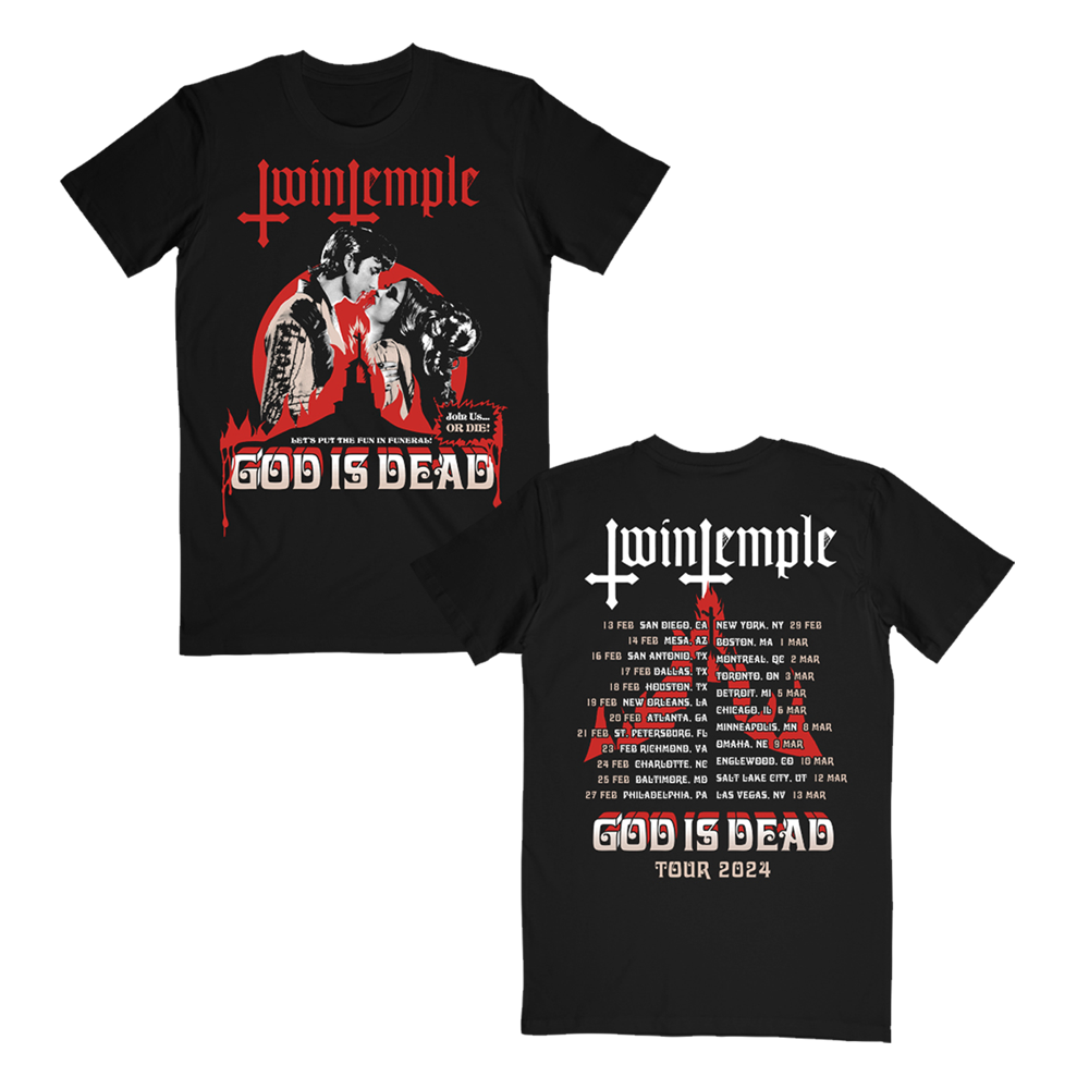 Twin Temple "God Is Dead 2024" black tee with vintage horror couple artwork on front and tour dates on back.
