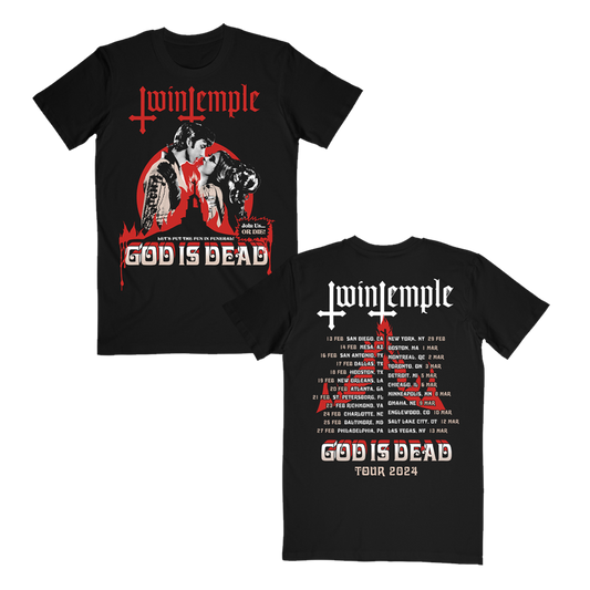 Twin Temple "God Is Dead 2024" black tee with vintage horror couple artwork on front and tour dates on back.