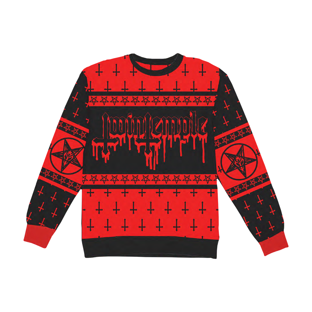 A knit sweater with a red and black geometric pattern featuring upside-down crosses and pentagrams.