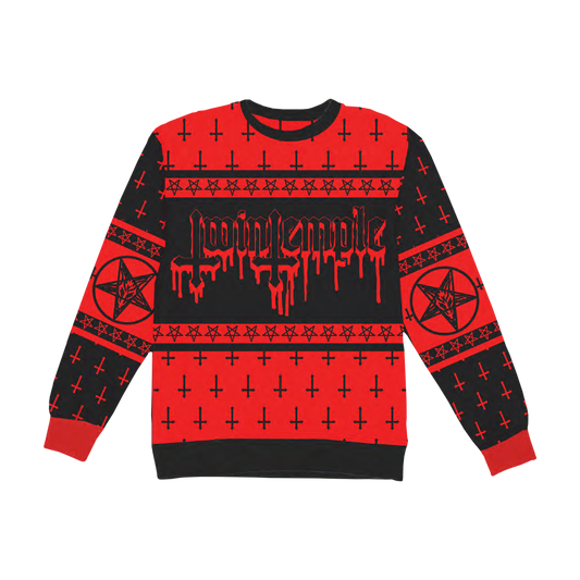A knit sweater with a red and black geometric pattern featuring upside-down crosses and pentagrams.