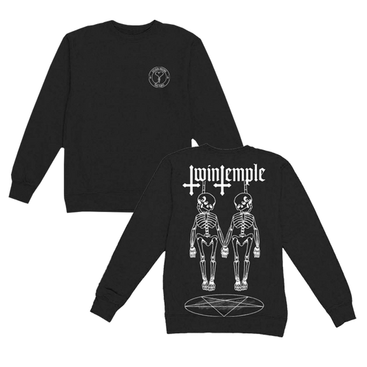 Black crewneck sweatshirt with a white illustration on the back featuring two skeletons hanging by nooses from inverted crosses, with the Twin Temple logo above and a pentagram below. The front has a small, circular Twin Temple logo on the left chest.