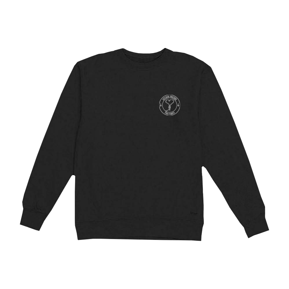 Black crewneck sweatshirt featuring front has a small, circular Twin Temple logo on the left chest.