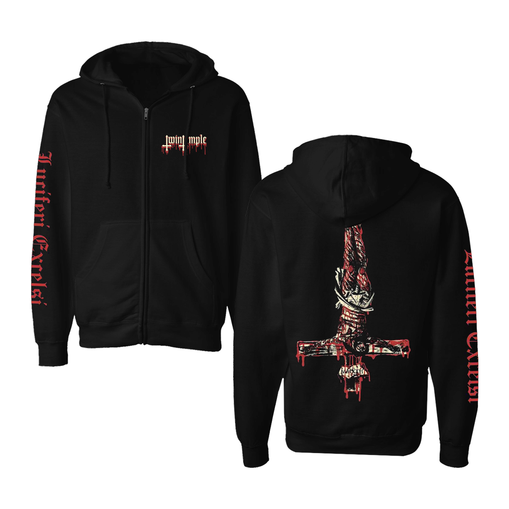 lack zip-up hoodie with "Twin Temple" printed in red at the top back. An inverted cross with demonic figures is featured on the lower back. "Luciferi Excelsi" is printed vertically in red down the right sleeve.