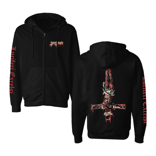 lack zip-up hoodie with "Twin Temple" printed in red at the top back. An inverted cross with demonic figures is featured on the lower back. "Luciferi Excelsi" is printed vertically in red down the right sleeve.