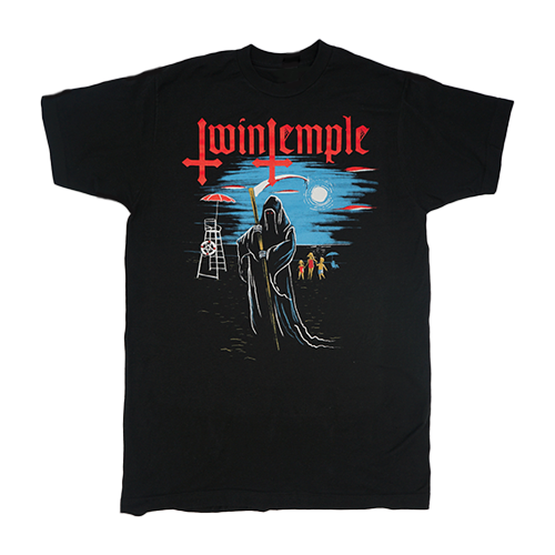 Swim Reaper Tee featuring a cloaked reaper under a beach umbrella with sunset and figures in background.