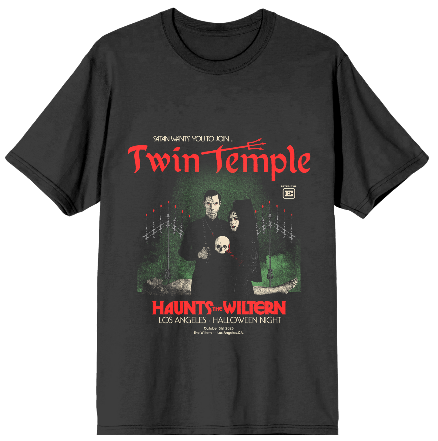 Black t-shirt with Twin Temple graphic design on a white background