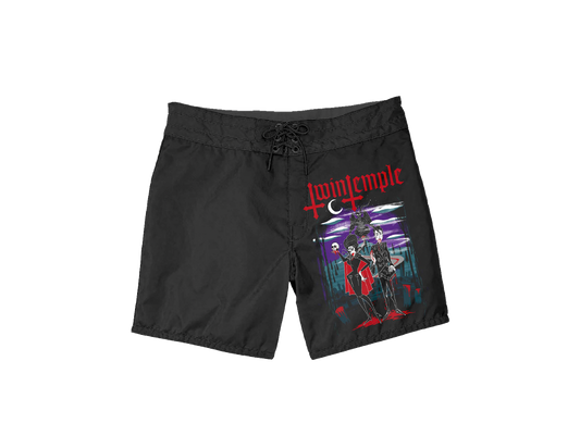Black swim trunks with Twin Temple logo and an image of Twin Temple standing in a graveyard.