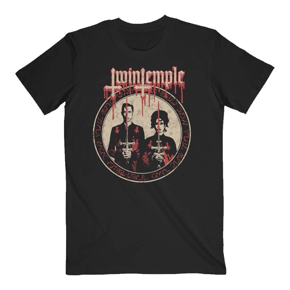 Vintage-style Twin Temple t-shirt with blood-red accents, depicting the duo holding ritual daggers in a sigil circle.