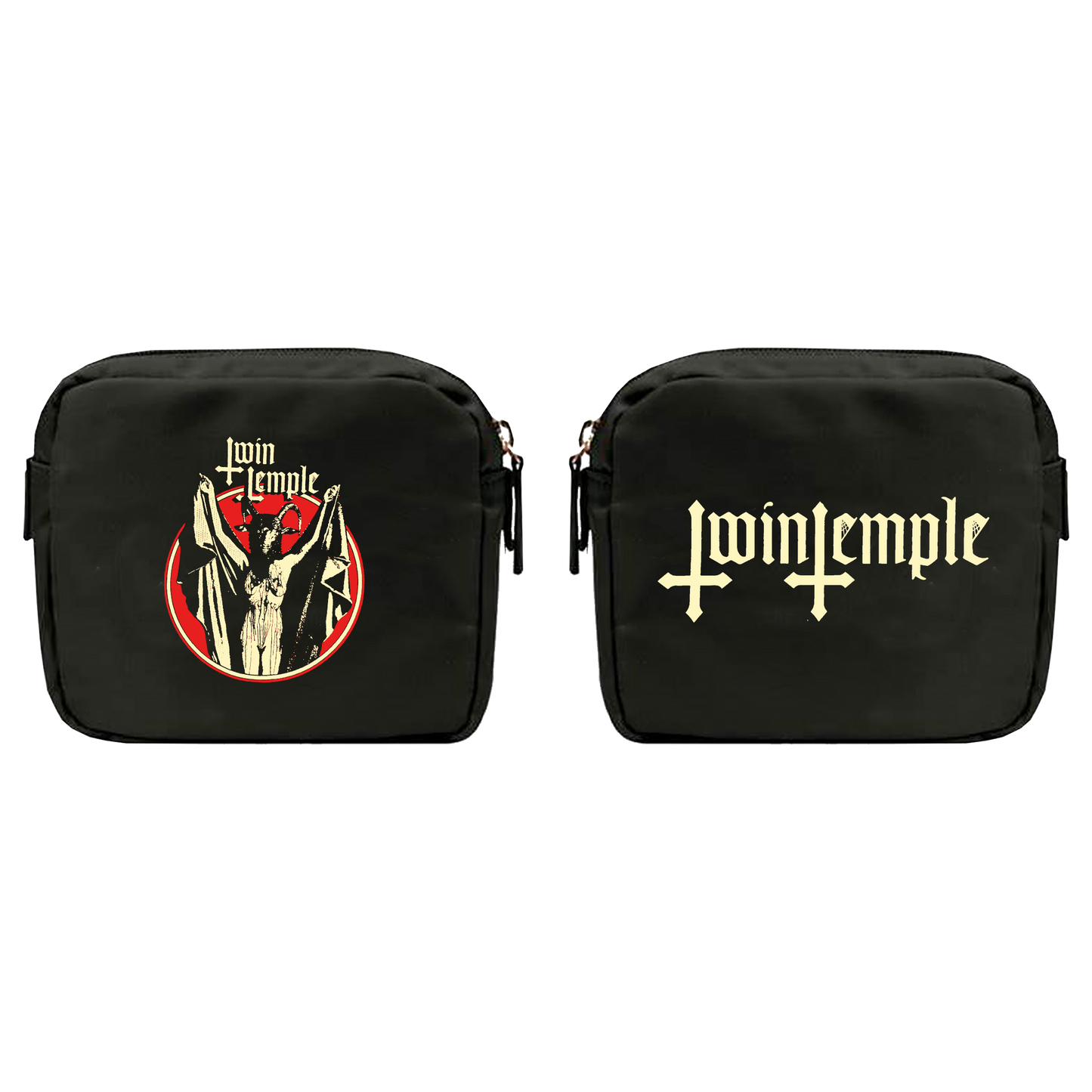 Black cosmetic bag with two sides: one featuring Twin Temple's Baphomette artwork in red and bone tones, the other with the Twin Temple logo in inverted crosses and gothic lettering.