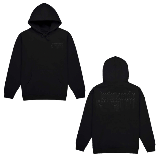 Front and back view of a black hoodie with the Twin Temple Blood Drip Logo screen printed in black on both sides.