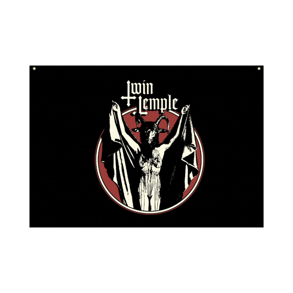 A black flag with a white and red design featuring the name 'TWIN TEMPLE' and a stylized graphic of a figure on a cross.