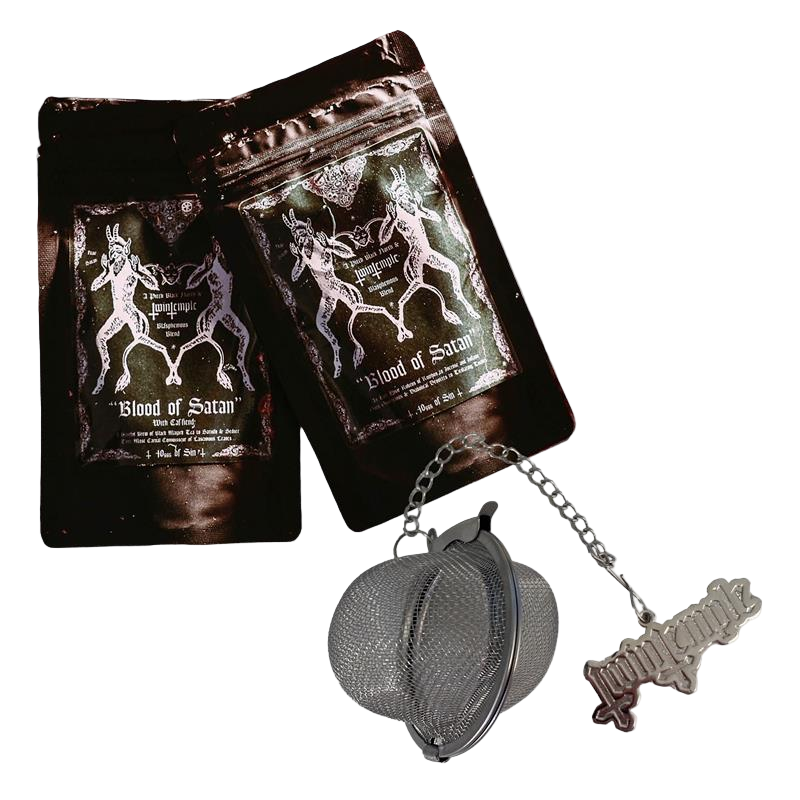 Tea infuser with 'Blood of Satan' packaging on a white background