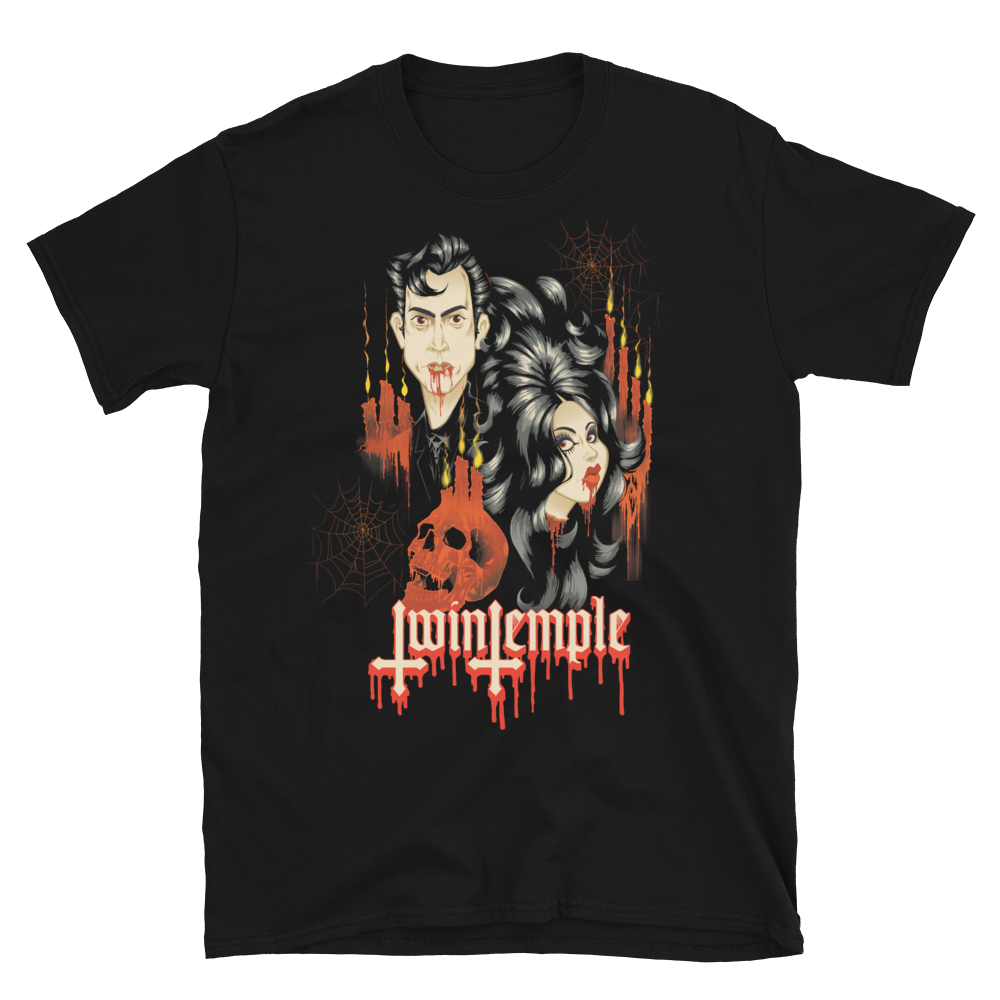 Black t-shirt with a graphic design of two people and a pumpkin skull with Twin Temple text on a white background
