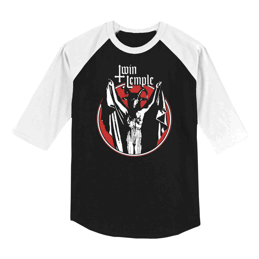 Baseball-style Baphomette tee with bold Twin Temple branding and horned figure illustration.