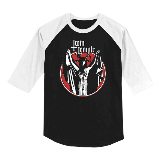 Baseball-style Baphomette tee with bold Twin Temple branding and horned figure illustration.