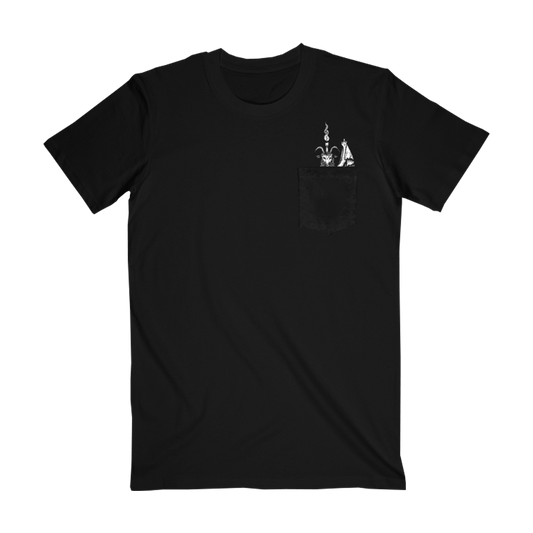 Black pocket t-shirt with a white illustration of Baphomet emerging from the pocket.