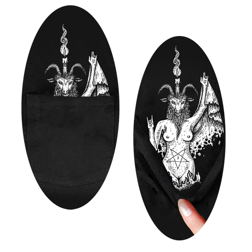 A finger pulling down the pocket to reveal more of the Baphomet illustration, and a closeup showing the full Baphomet.