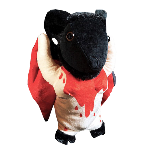 A plush hand puppet with a design resembling the figure of Baphomet, with a black head, red shirt, and white body.