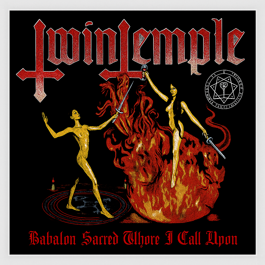 Album cover for 'Babalon Sacred Where I Call Upon' by Twin Temple with artistic depiction of figures and horse.