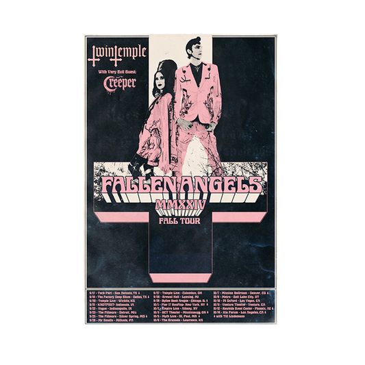 Bring home a piece of the Fallen Angels MMXXIV Fall Tour with this striking Twin Temple Tour Poster! Featuring the band in their signature devilishly chic style and bold pink-and-black artwork, this poster perfectly captures the spirit of the tour. Complete with tour dates and special guest Creeper, it’s a must-have keepsake for fans who want to commemorate the unholy nights of the 2024 tour. Perfect for framing or displaying as the ultimate tribute to Twin Temple's live magic