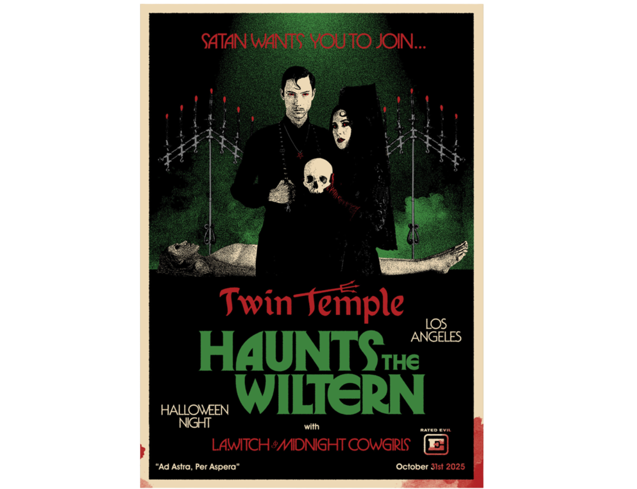 Promotional poster for Twin Temple event at Wiltern Theatre with dark theme and text.