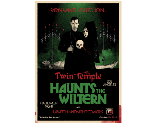 Promotional poster for Twin Temple event at Wiltern Theatre with dark theme and text.