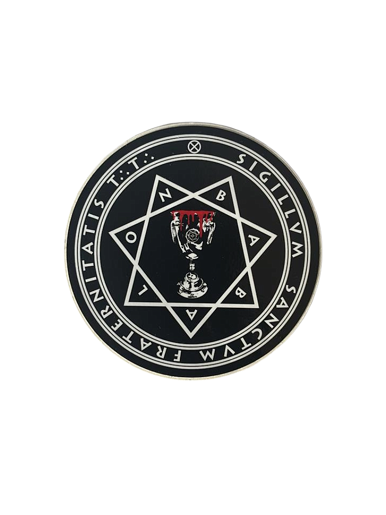 Circular logo with central design and text on a black background