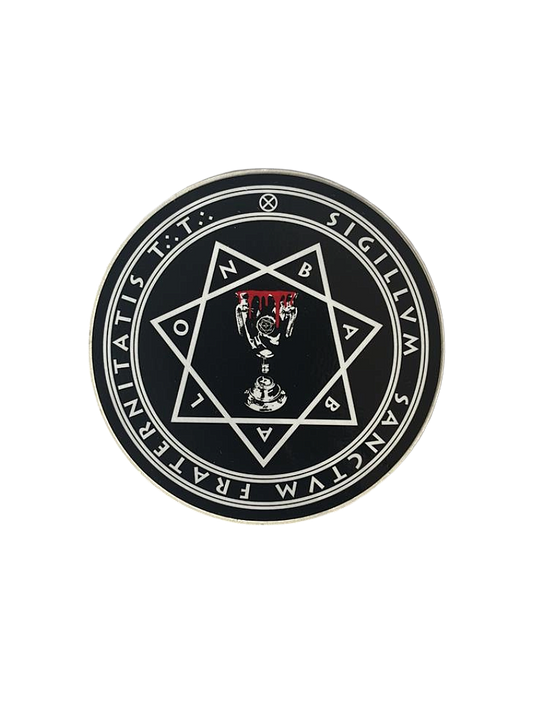 Circular logo with central design and text on a black background