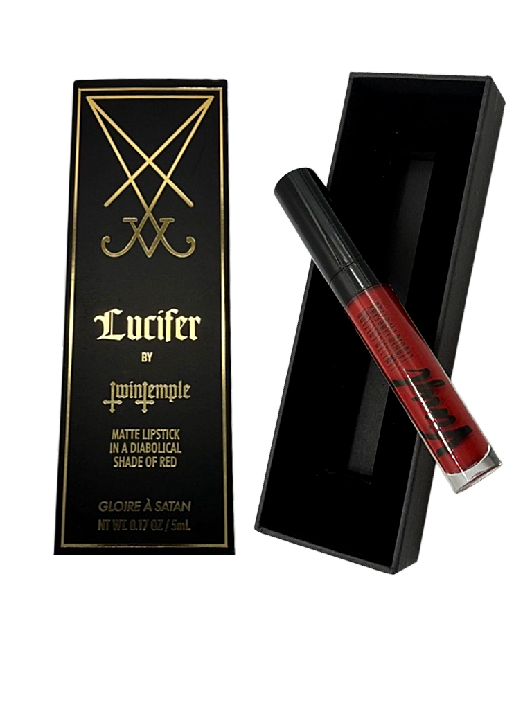 Lipstick with packaging labeled 'Lucifer by Twin Temple' on a white background
