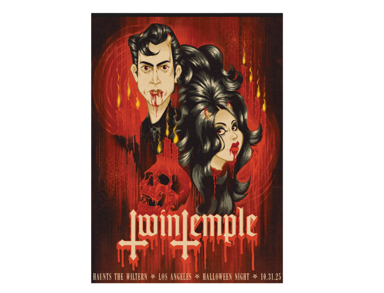 Poster for Twin Temple event with stylized faces and red background