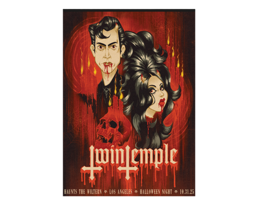 Poster for Twin Temple event with stylized faces and red background