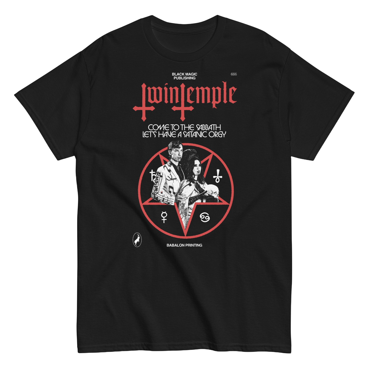 Join the ritual with the&nbsp;Twin Temple Sabbath Tee, featuring bold pentagram artwork and the text, “Come to the Sabbath, Let’s Have a Satanic Orgy.” This unisex classic tee is made from 100% combed and ring-spun cotton for comfort and durability, with a lightweight feel and pre-shrunk fabric to maintain the perfect fit.