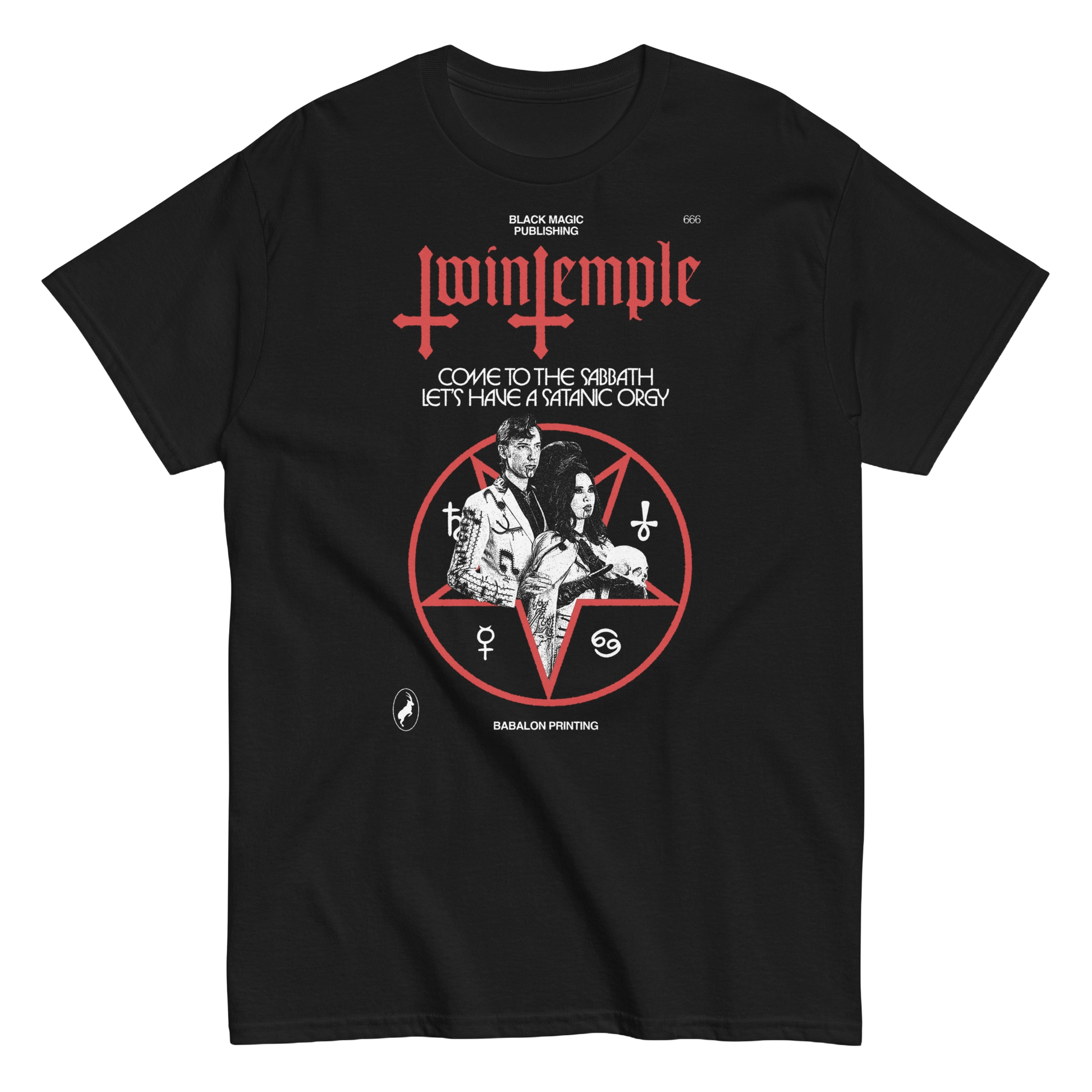 Join the ritual with the&nbsp;Twin Temple Sabbath Tee, featuring bold pentagram artwork and the text, “Come to the Sabbath, Let’s Have a Satanic Orgy.” This unisex classic tee is made from 100% combed and ring-spun cotton for comfort and durability, with a lightweight feel and pre-shrunk fabric to maintain the perfect fit.