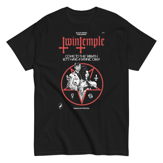 Join the ritual with the&nbsp;Twin Temple Sabbath Tee, featuring bold pentagram artwork and the text, “Come to the Sabbath, Let’s Have a Satanic Orgy.” This unisex classic tee is made from 100% combed and ring-spun cotton for comfort and durability, with a lightweight feel and pre-shrunk fabric to maintain the perfect fit.