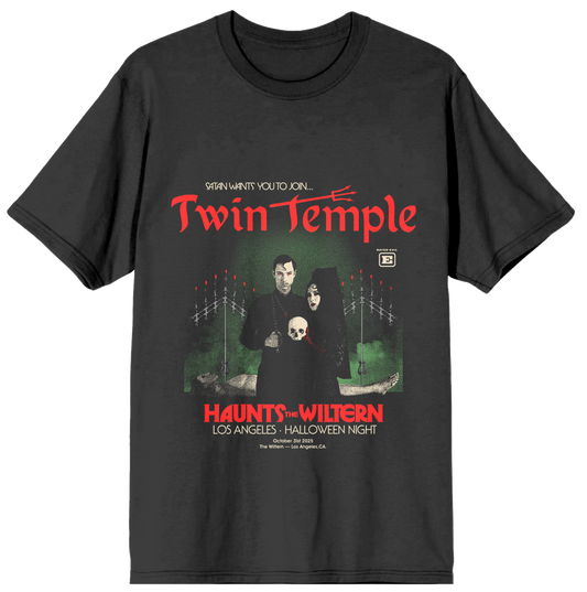 Black t-shirt with Twin Temple graphic design on a white background