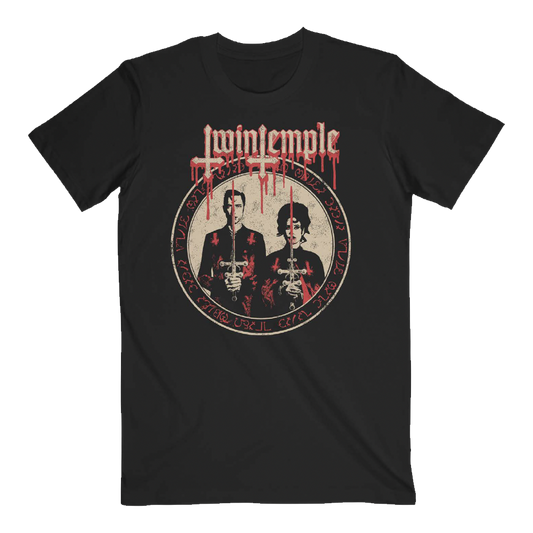 Vintage-style Twin Temple t-shirt with blood-red accents, depicting the duo holding ritual daggers in a sigil circle.