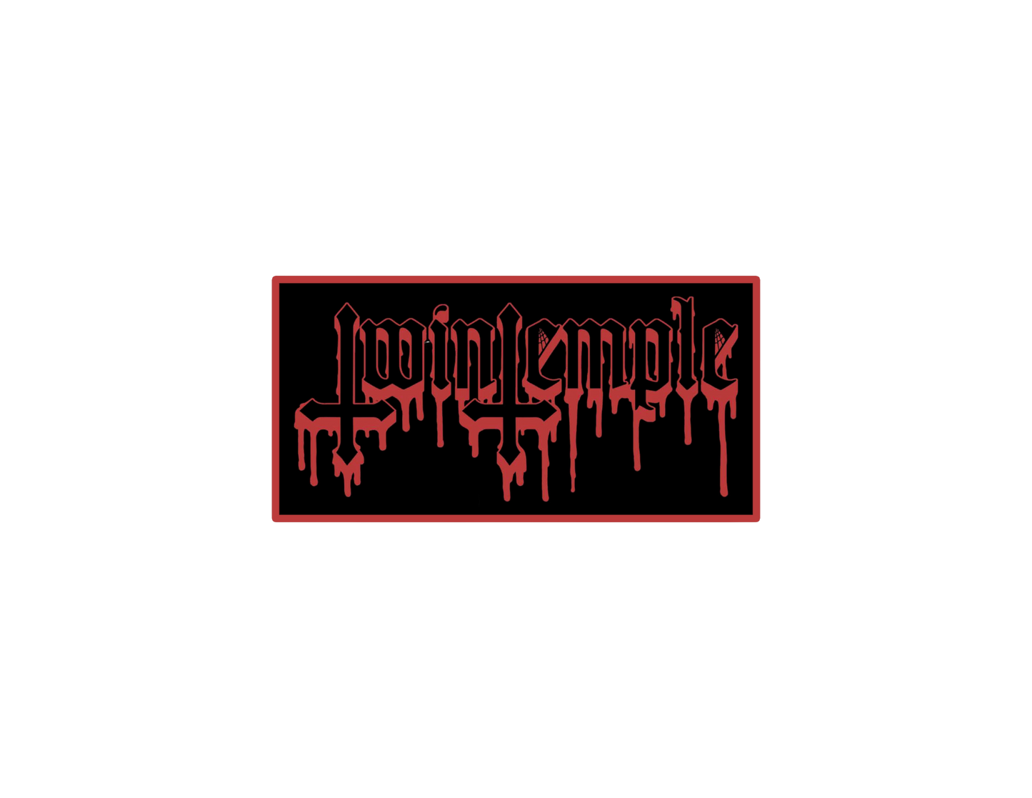 Black patch with red text on a white background