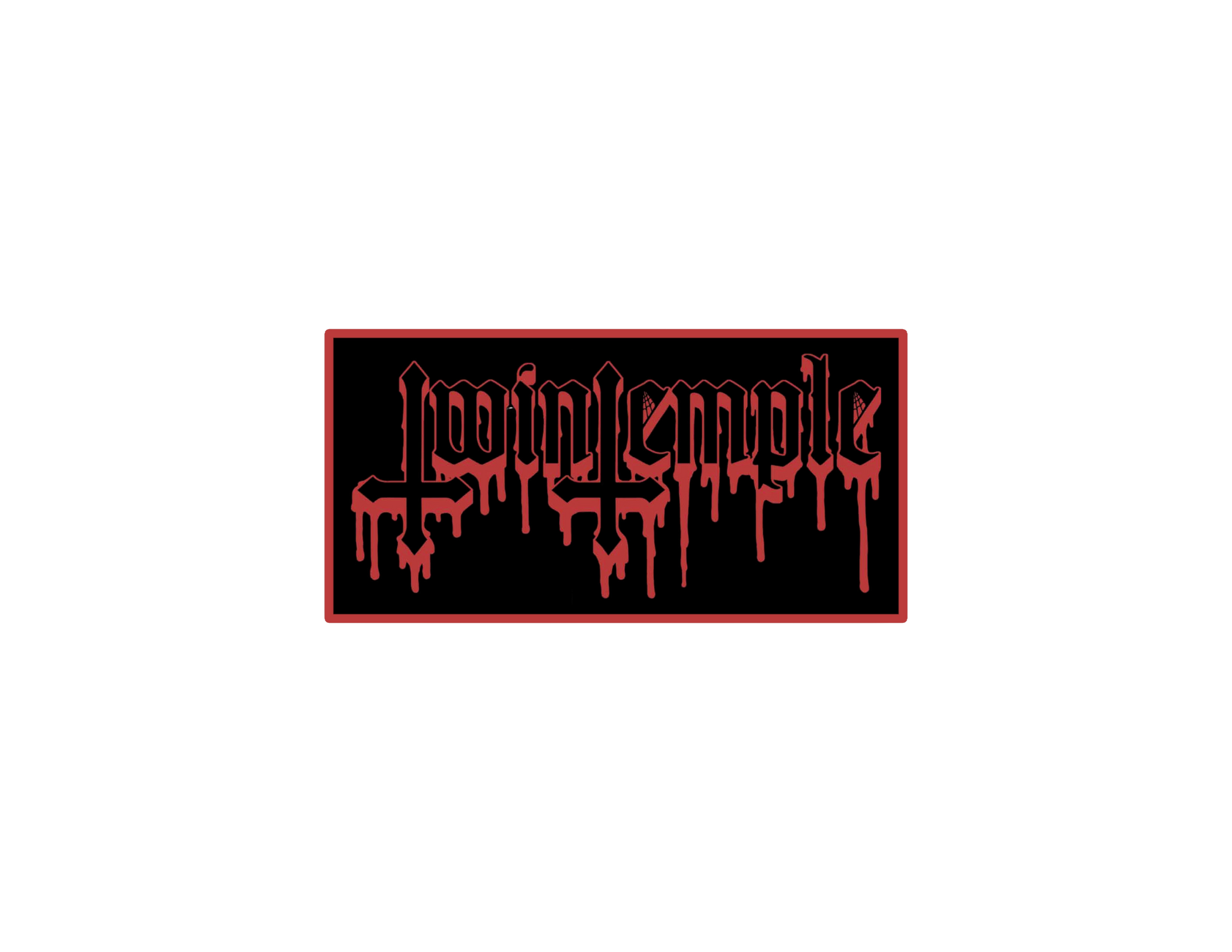 Black patch with red text on a white background