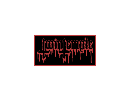 Black patch with red text on a white background