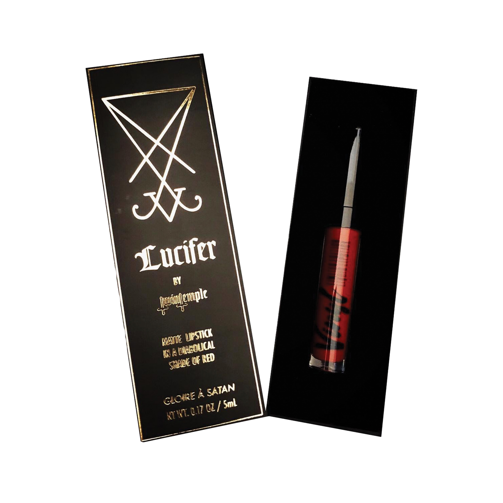 Photograph of Twin Temple's Lucifer Lipstick: a sleek black tube with silver accents, featuring the band's logo, and the cap removed to reveal a rich, blood-red lipstick. 