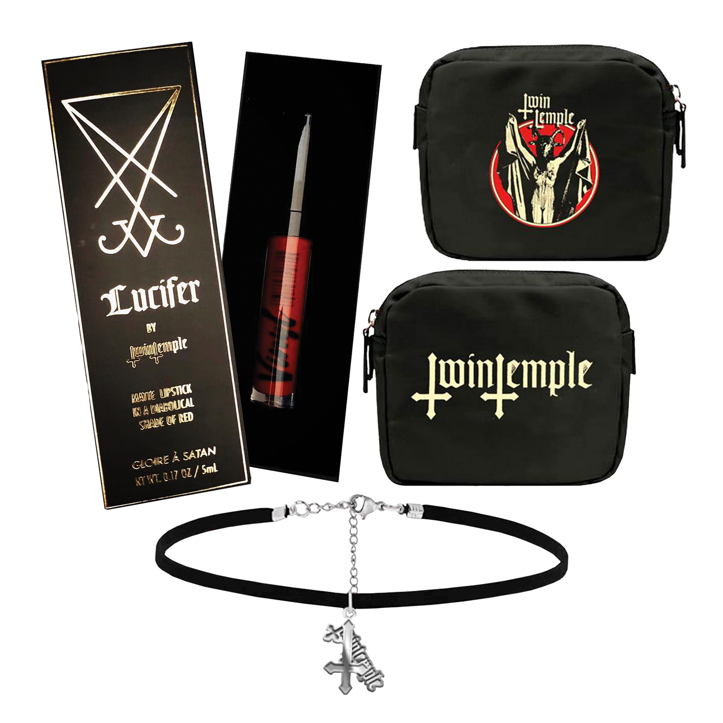 Collection of Twin Temple products including a lipstick, pouches, and necklace on a white background.