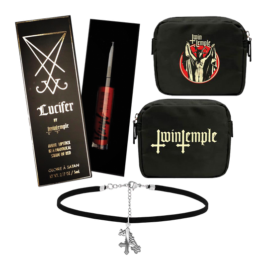 Collection of Twin Temple products including a lipstick, pouches, and necklace on a white background.