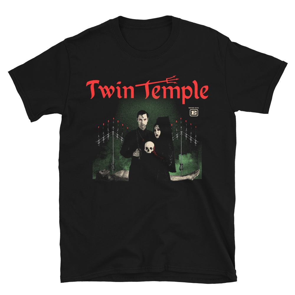Black t-shirt with 'Twin Temple' graphic design featuring two people and a skull.